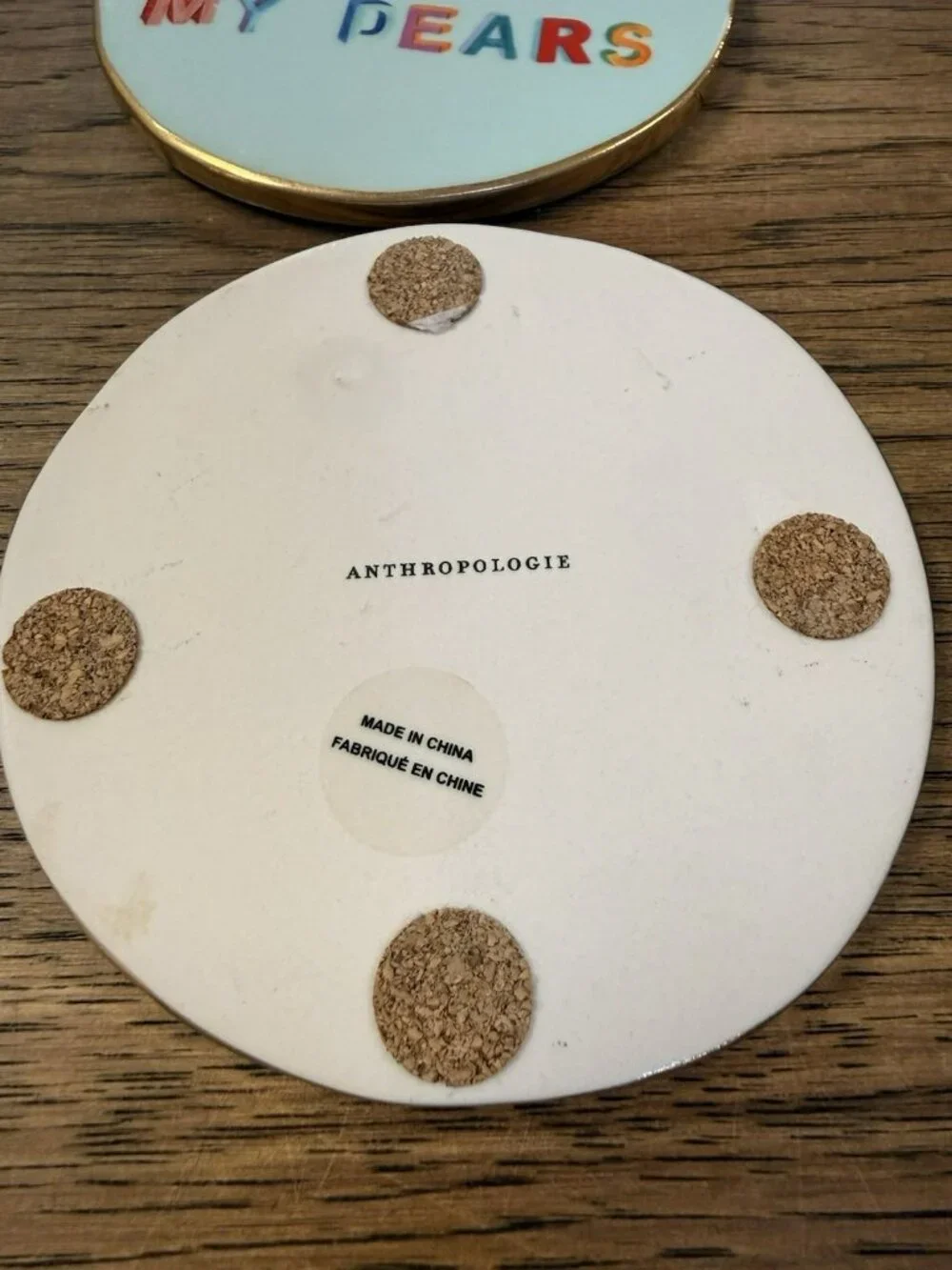 ANTHROPOLOGIE Glazed Ceramic Coasters Set Of 2 Cheers My Dears Caption Coaster